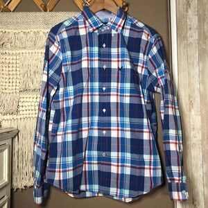 AEO Red White Blue Plaid Button Down Shirt